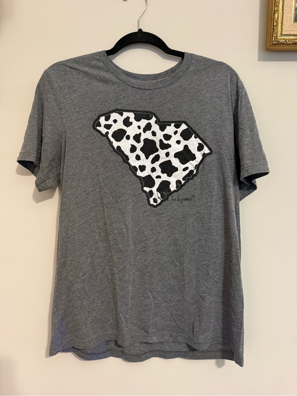 Women’s Gray Short Sleeve Tee with Cow Print State Graphic